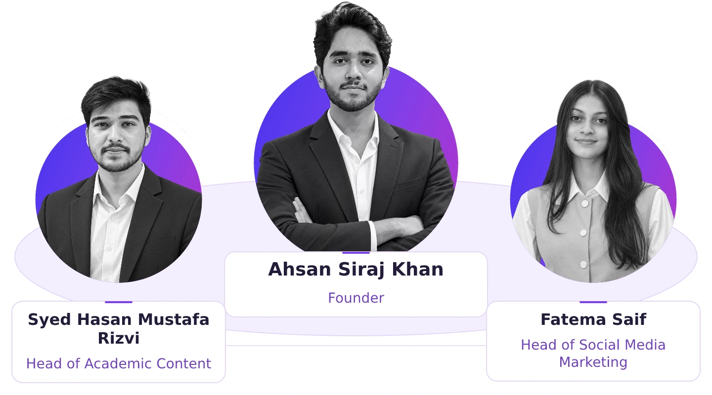 Ahsan Siraj Khan, Founder; Syed Hasan Mustafa Rizvi, Head of Academic Content; Fatema Saif, Head of Social Media Marketing